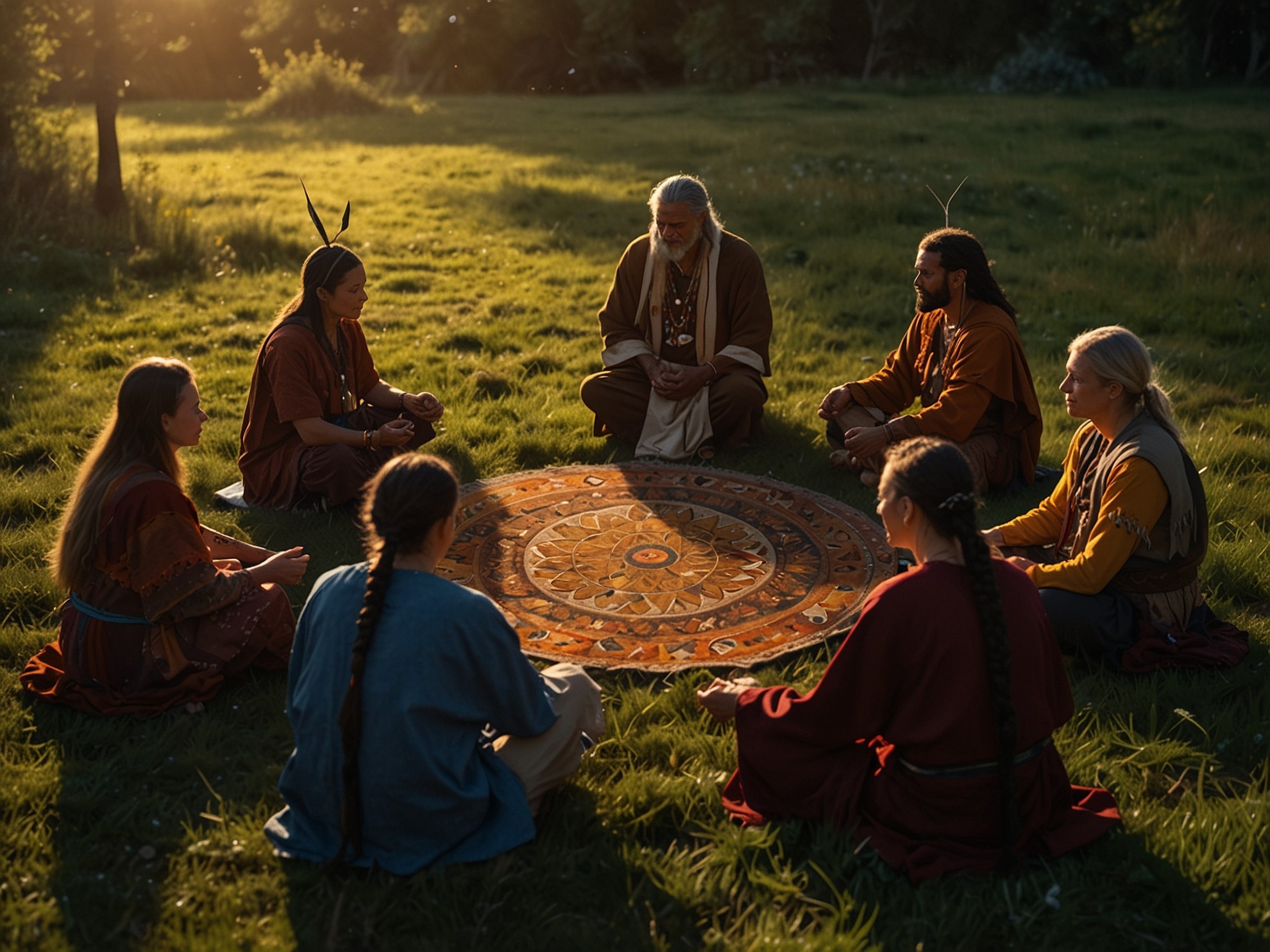 Shaman performing a healing ritual with a drum, symbolizing the four worlds of shamanism