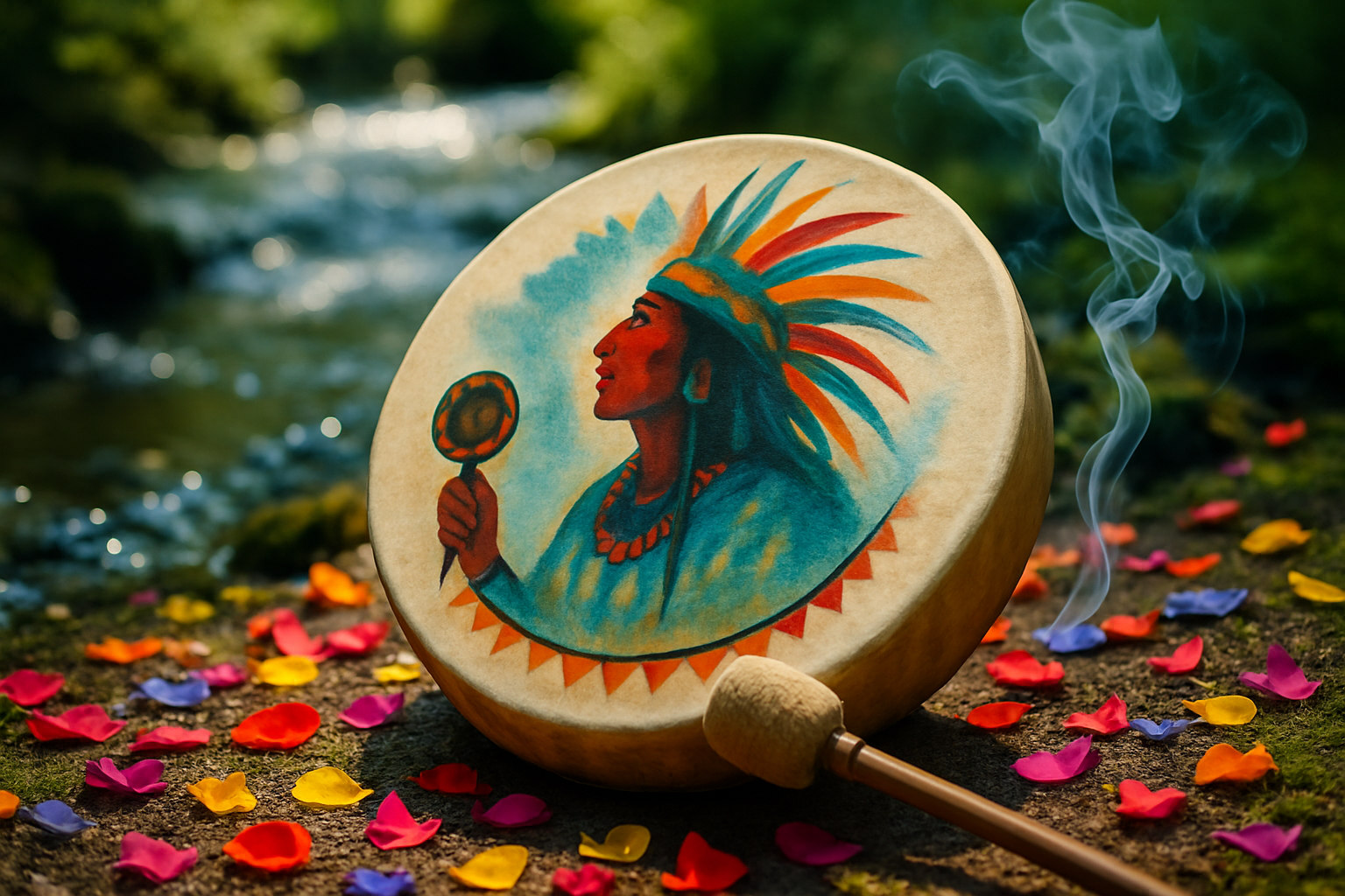 Person holding a shamanic drum in a natural setting