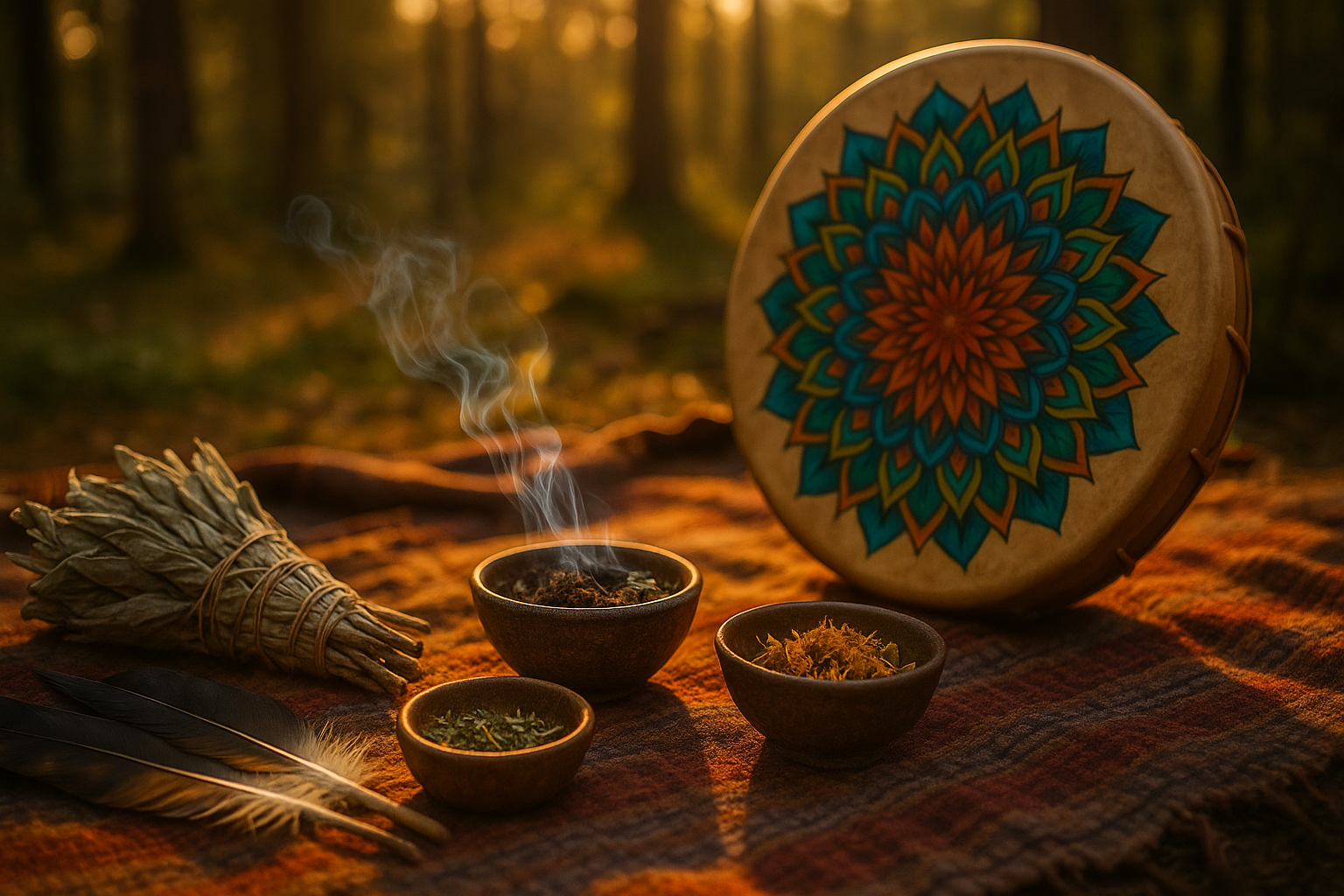 Altar with a candle, crystals, and a feather, ready for a ritual