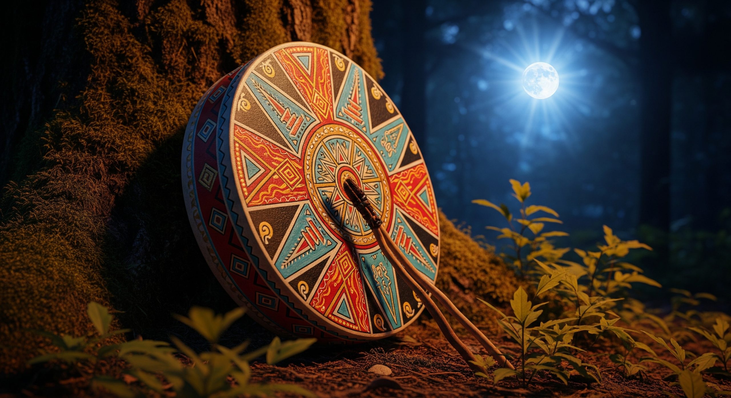 Magical forest at night under a dark sky, representing the Night Hike & Drum Journey for the new moon
