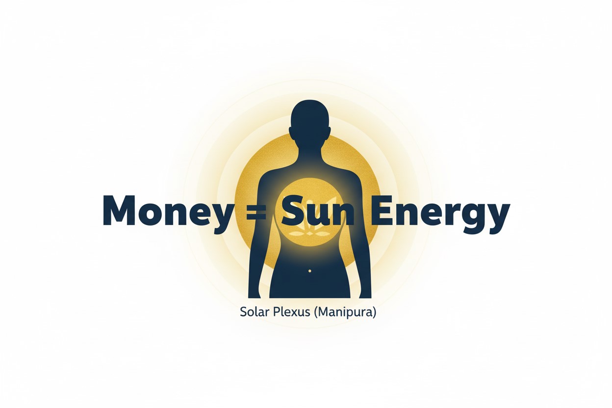 A spiritual person meditating outdoors, with a golden light glowing from their solar plexus, symbolizing the powerful energy of money and abundance.
