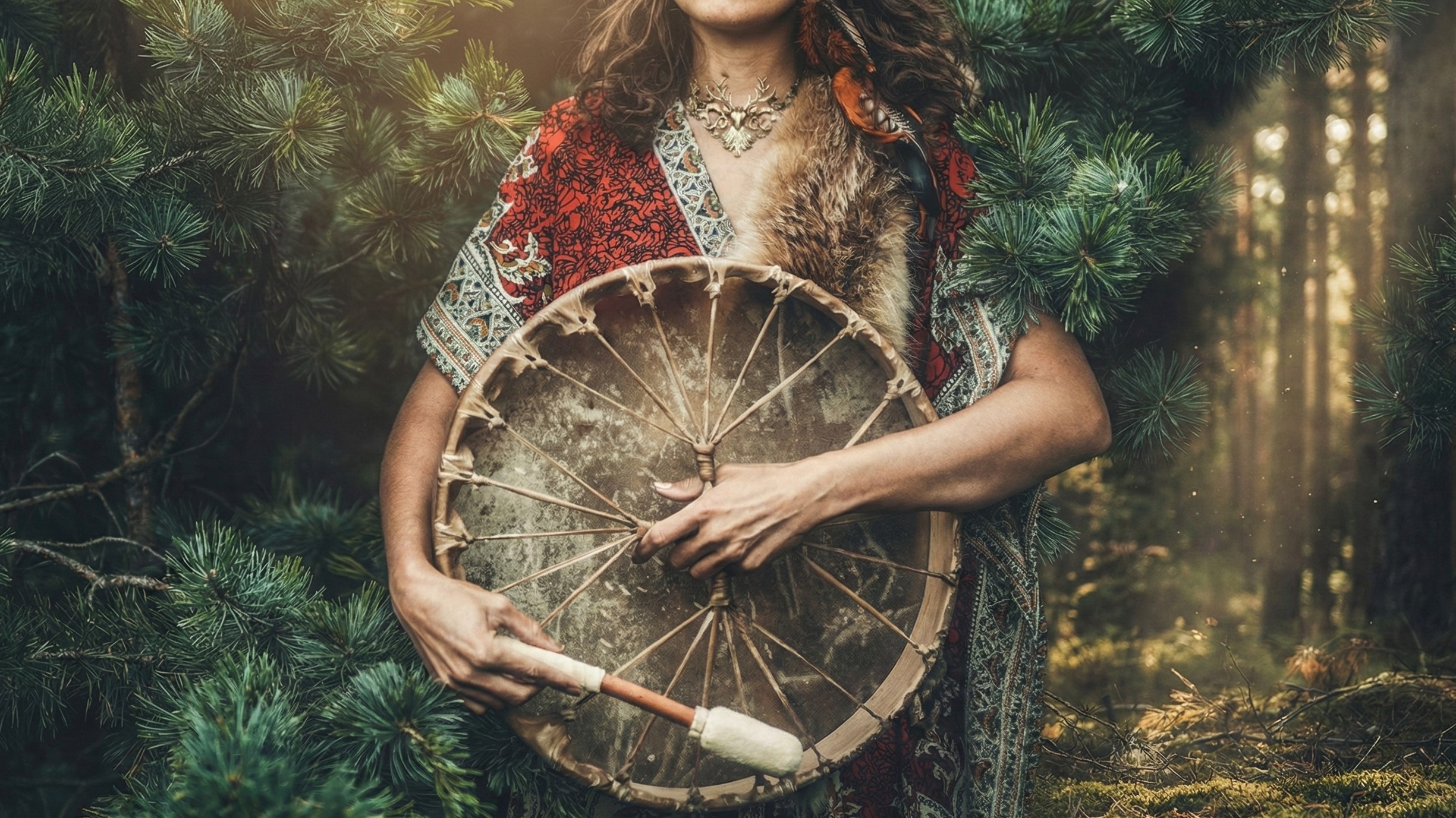 Group connecting in nature during a shamanic ritual