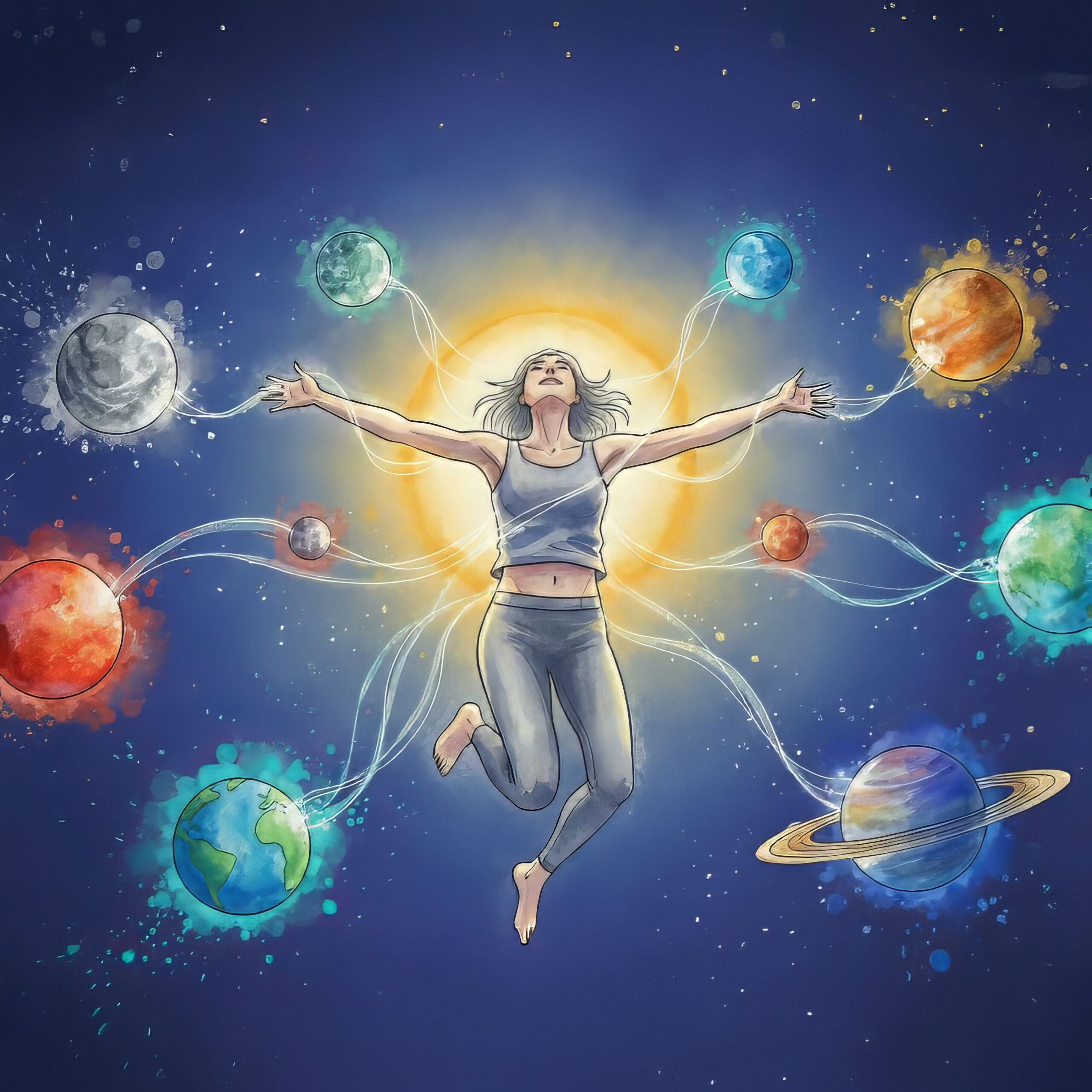Mystical representation of a person connected to the cosmos and planetary energies.