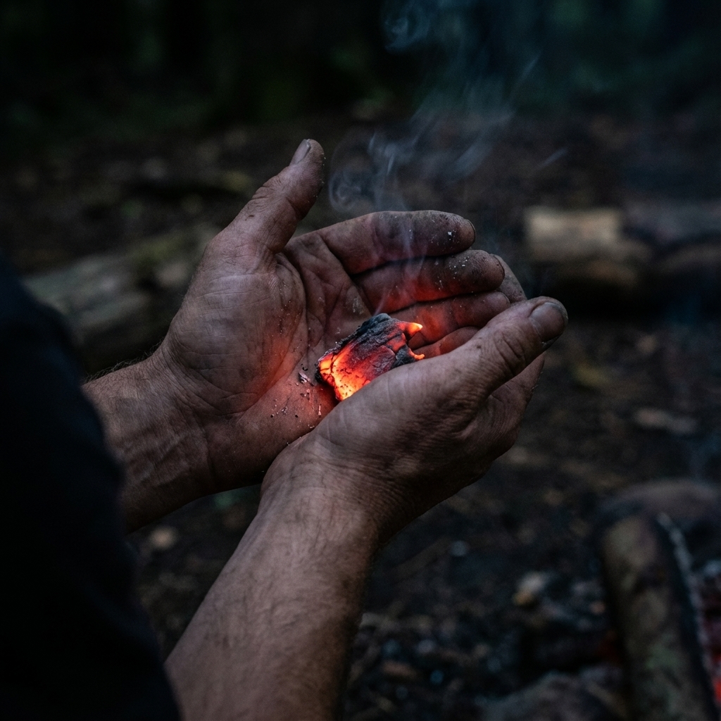 Hands protecting a glowing ember
