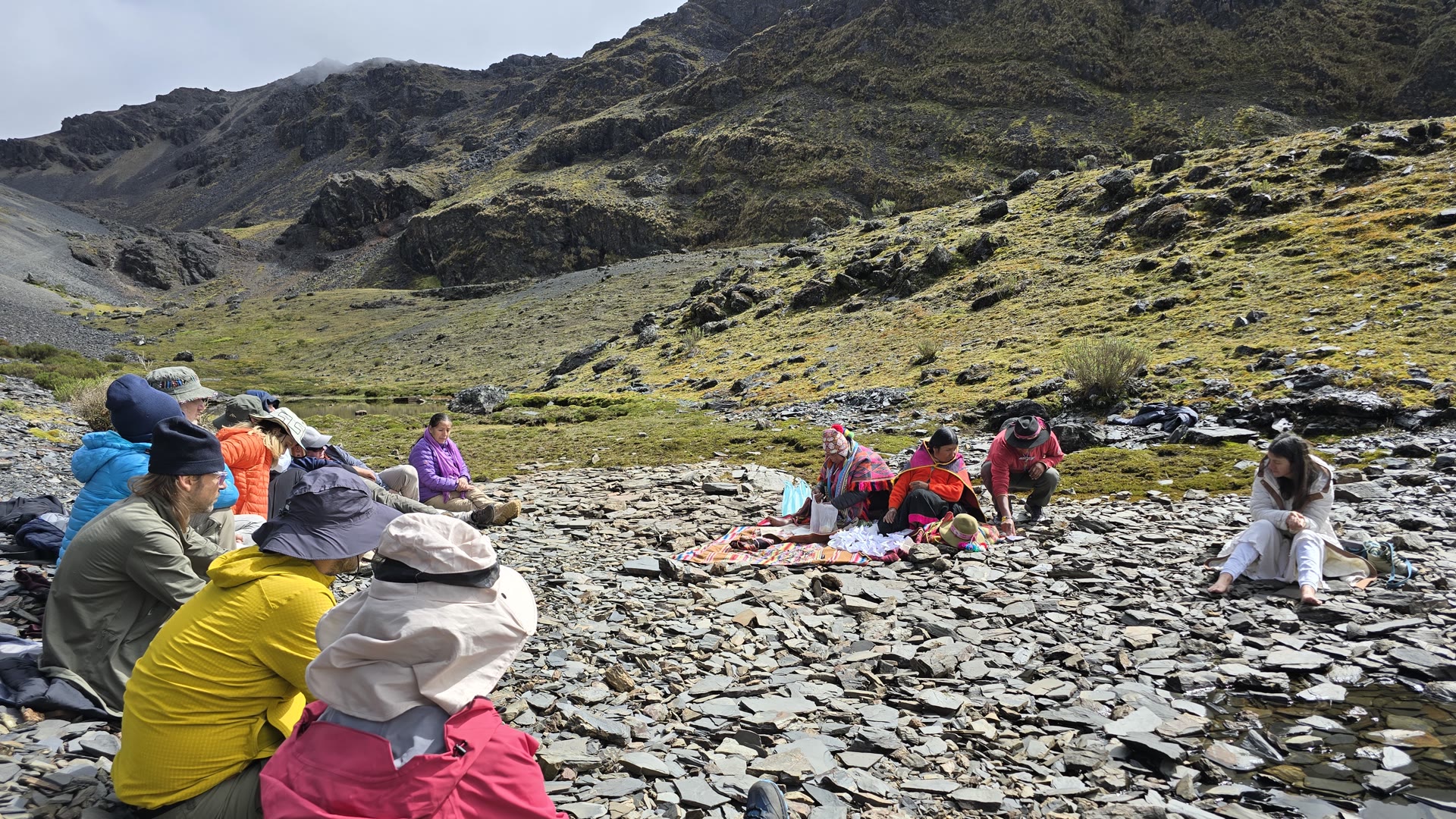 Group gathered for a mountain ceremony with the Q'eros community