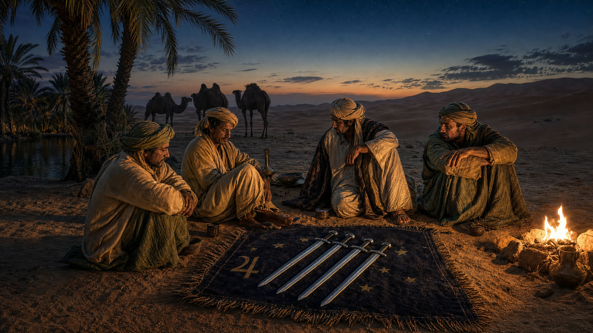 Four desert travelers rest at an oasis, with four swords laid on a Jupiter-symbol blanket and camels waiting in the background.