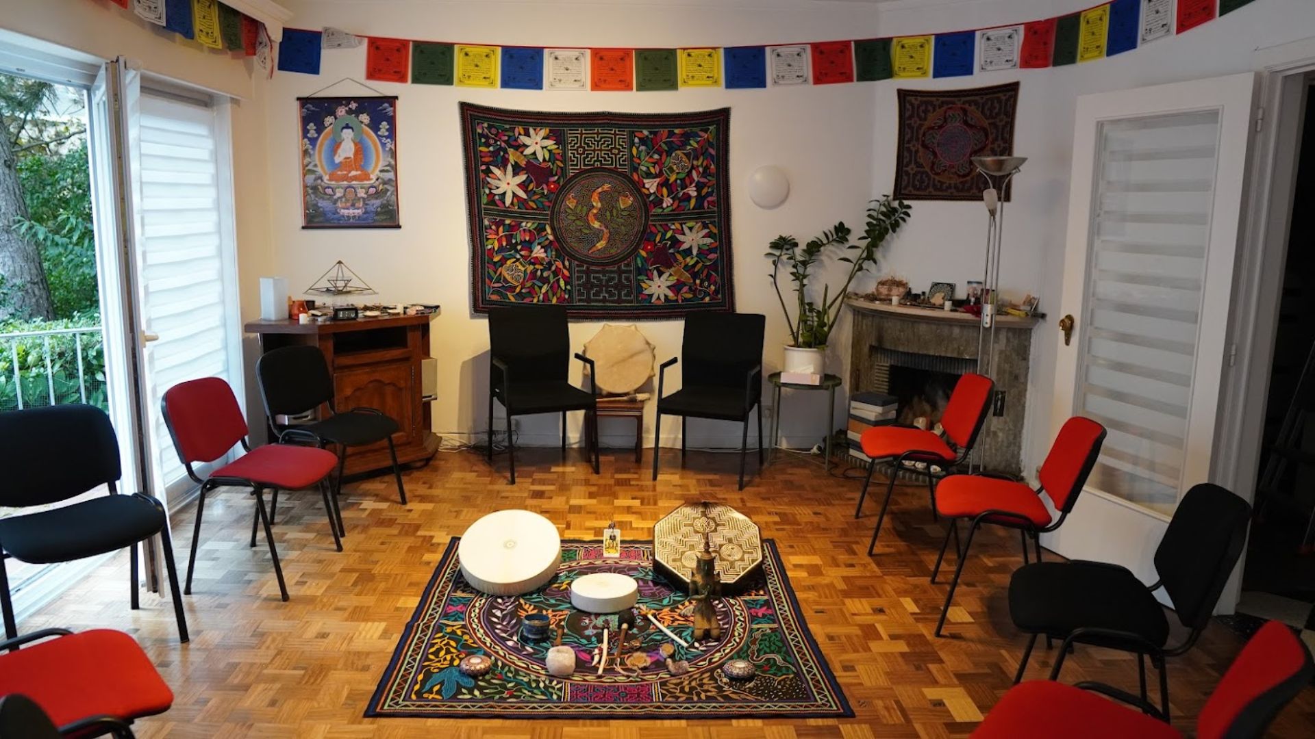Inner Spark Ashram meditation room prepared for a circle
