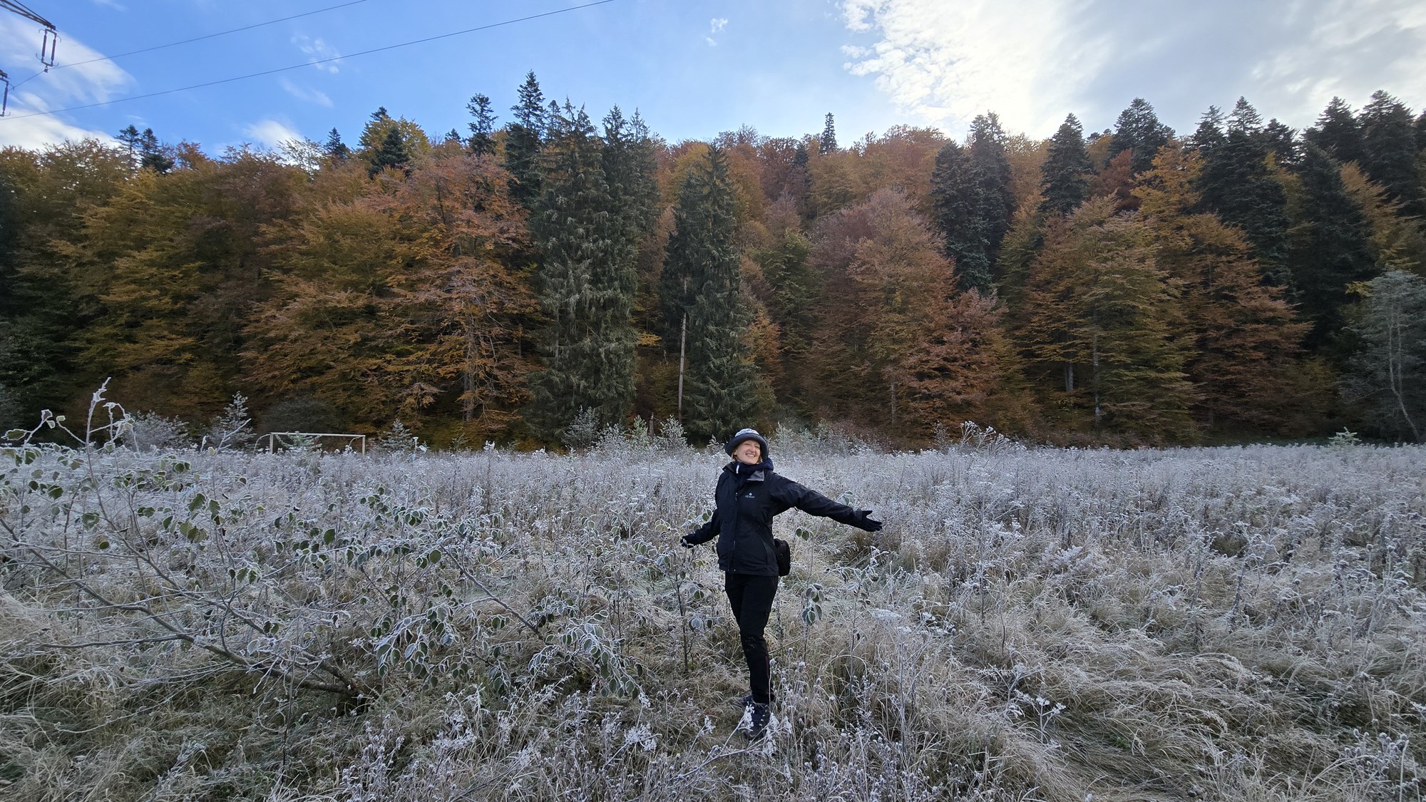 A person moving through the frost and autumn landscape at Busteni