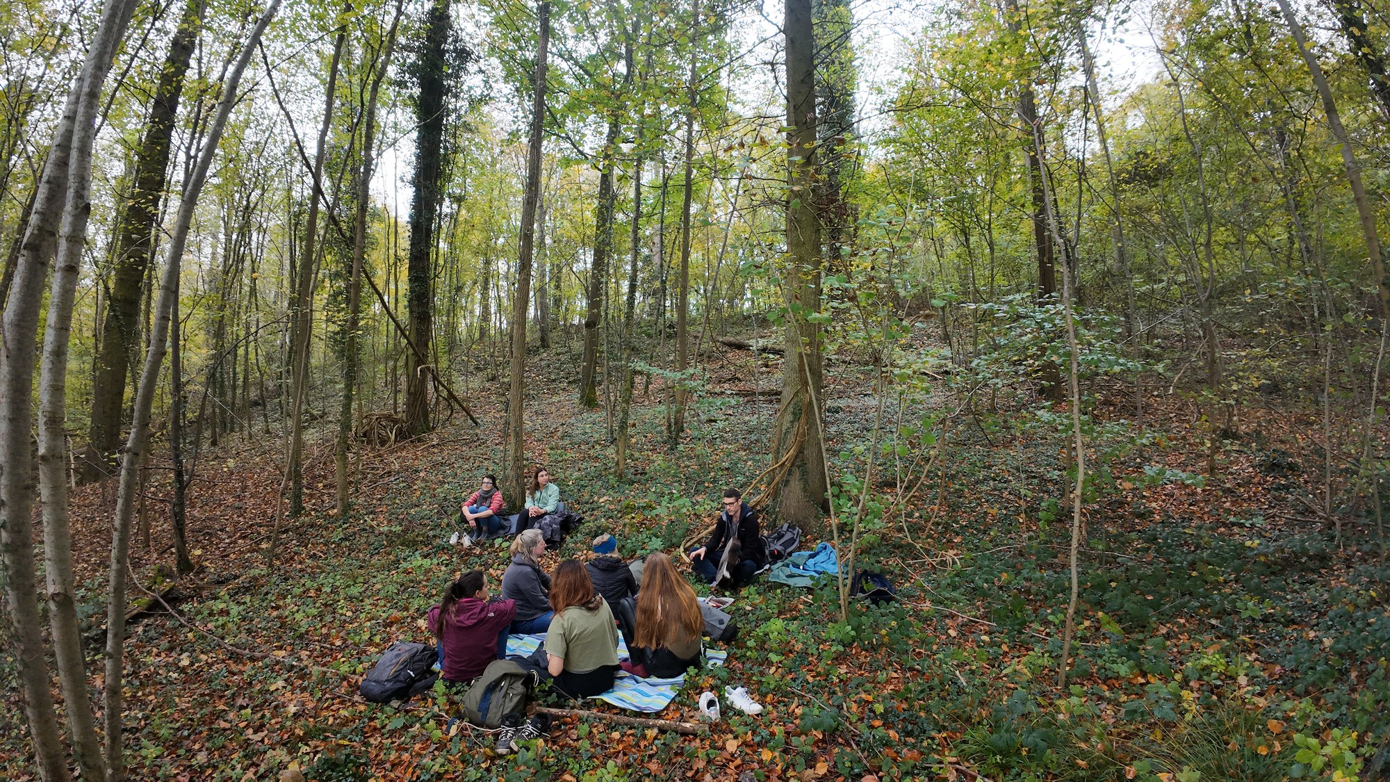 An Inner Spark group resting together among the trees at Furfooz
