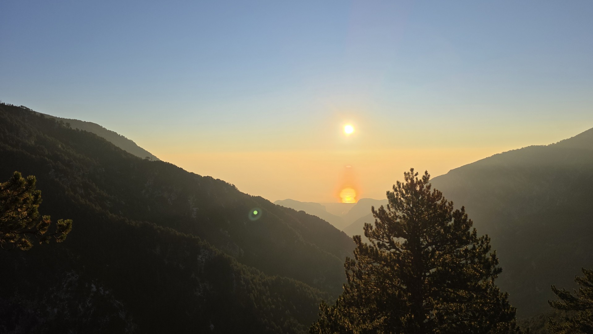 Morning sun above a mountain valley on Mount Olympus, framed by pine trees.